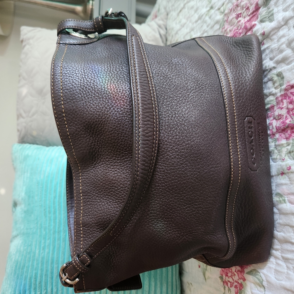 Coach Brown Shoulder Bag with Pebbled Leather and Slouchy Shape